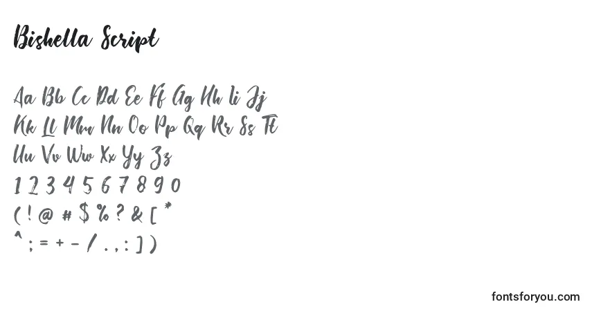 Schriftart Bishella Script – Alphabet, Zahlen, spezielle Symbole