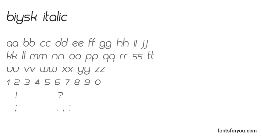 Czcionka Biysk Italic – alfabet, cyfry, specjalne znaki