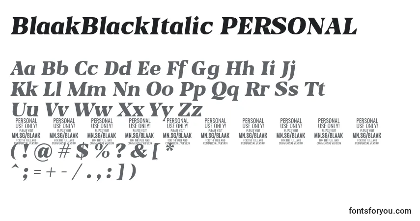 Czcionka BlaakBlackItalic PERSONAL – alfabet, cyfry, specjalne znaki