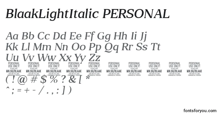 A fonte BlaakLightItalic PERSONAL – alfabeto, números, caracteres especiais