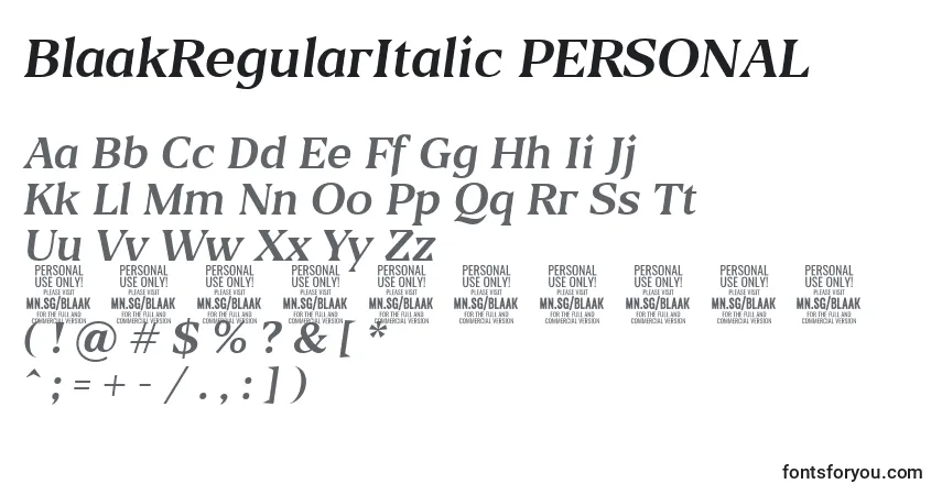 A fonte BlaakRegularItalic PERSONAL – alfabeto, números, caracteres especiais