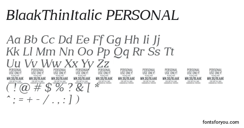 A fonte BlaakThinItalic PERSONAL – alfabeto, números, caracteres especiais