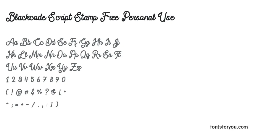 A fonte Blackcode Script Stamp Free Personal Use – alfabeto, números, caracteres especiais