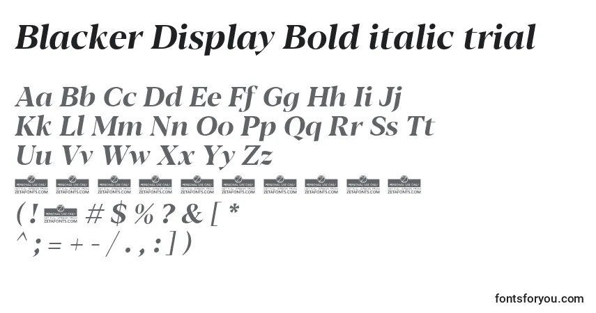 A fonte Blacker Display Bold italic trial – alfabeto, números, caracteres especiais