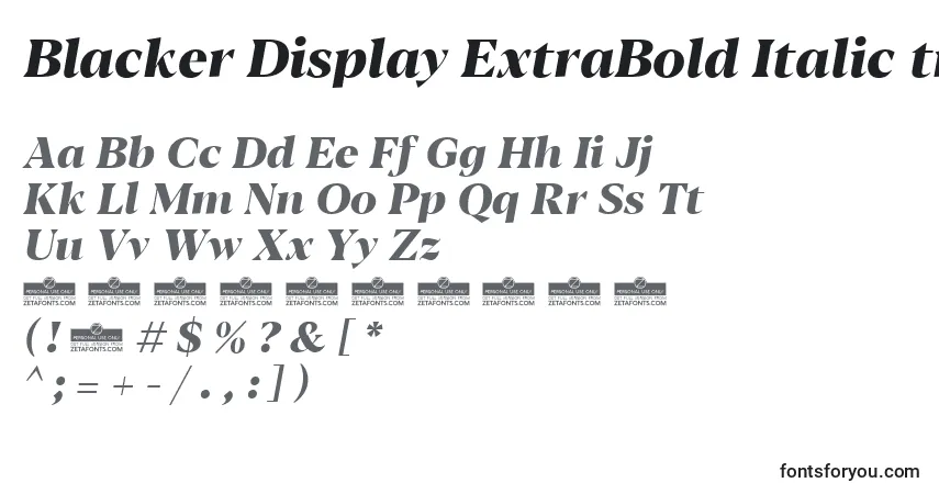 A fonte Blacker Display ExtraBold Italic trial – alfabeto, números, caracteres especiais