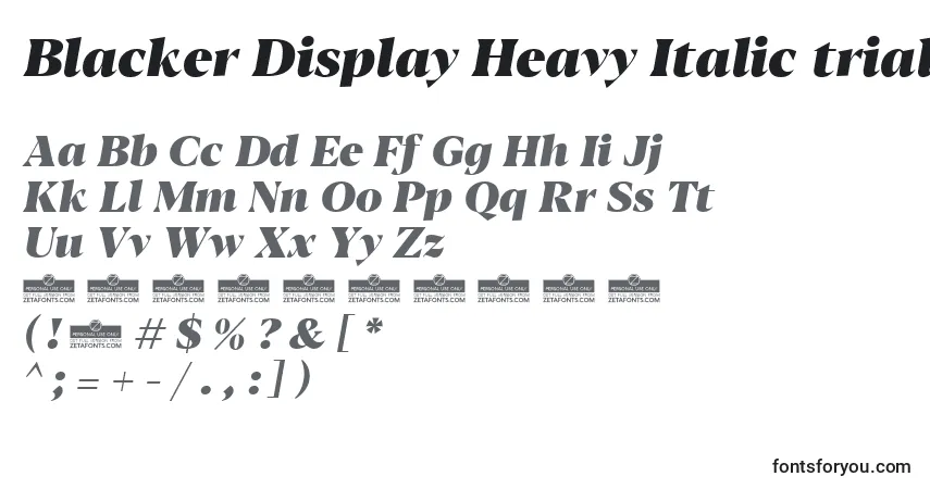 Czcionka Blacker Display Heavy Italic trial – alfabet, cyfry, specjalne znaki