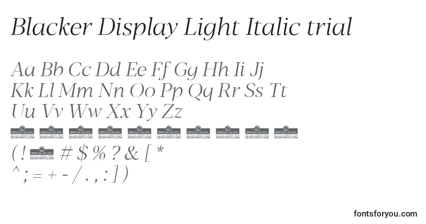 Czcionka Blacker Display Light Italic trial – alfabet, cyfry, specjalne znaki