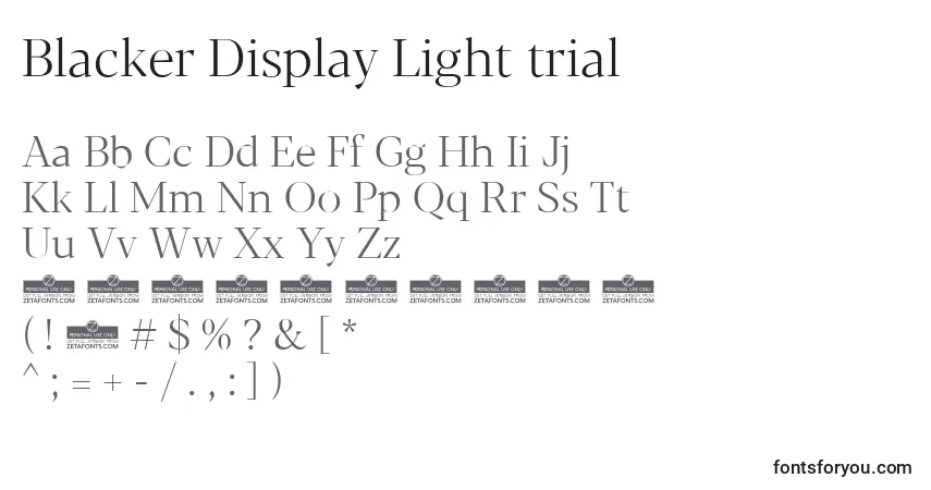 A fonte Blacker Display Light trial – alfabeto, números, caracteres especiais