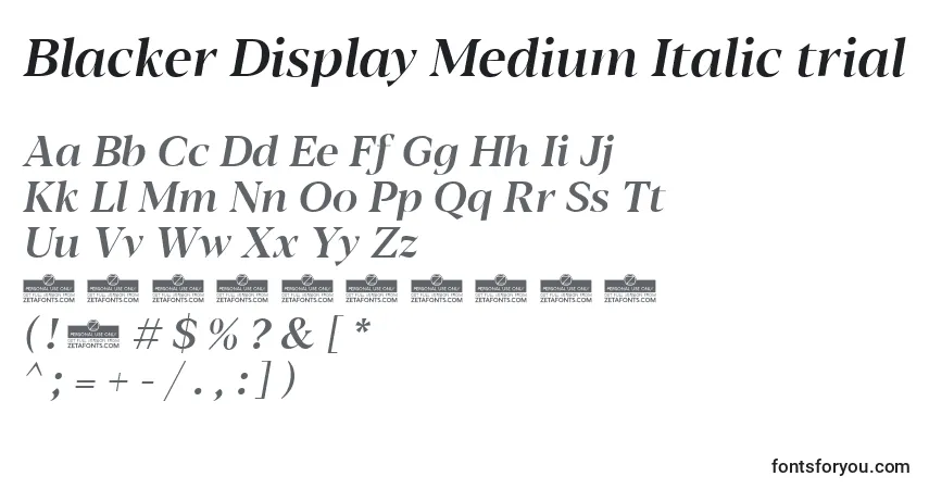 Шрифт Blacker Display Medium Italic trial – алфавит, цифры, специальные символы