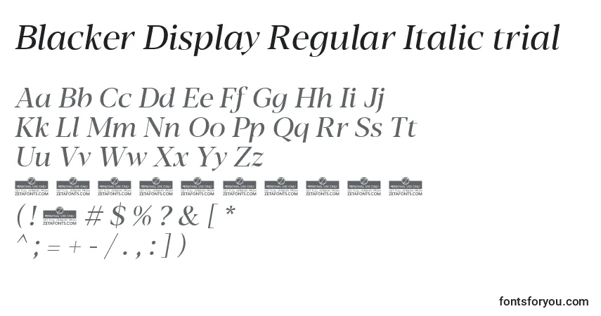 Czcionka Blacker Display Regular Italic trial – alfabet, cyfry, specjalne znaki