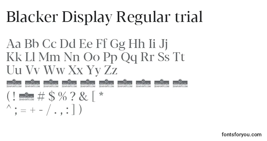 A fonte Blacker Display Regular trial – alfabeto, números, caracteres especiais