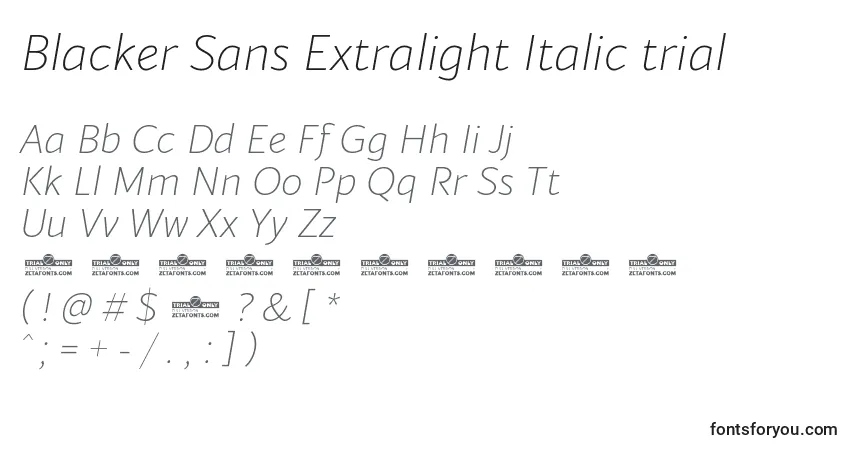 A fonte Blacker Sans Extralight Italic trial – alfabeto, números, caracteres especiais