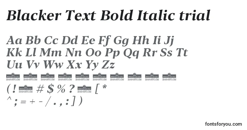 Schriftart Blacker Text Bold Italic trial – Alphabet, Zahlen, spezielle Symbole