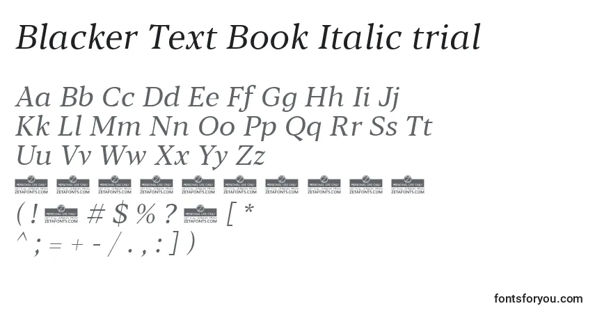 Czcionka Blacker Text Book Italic trial – alfabet, cyfry, specjalne znaki