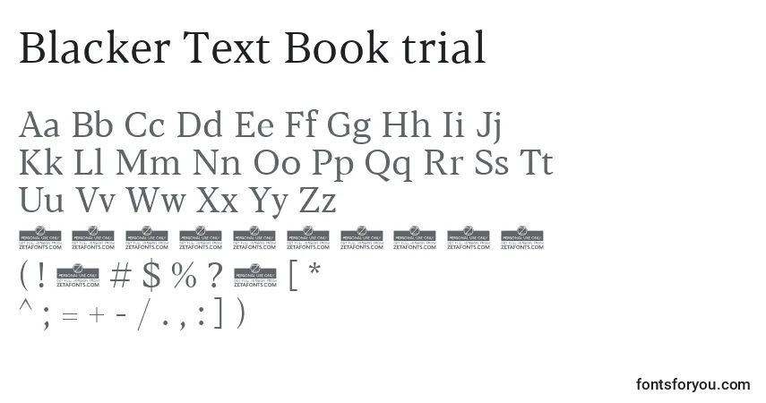Czcionka Blacker Text Book trial – alfabet, cyfry, specjalne znaki