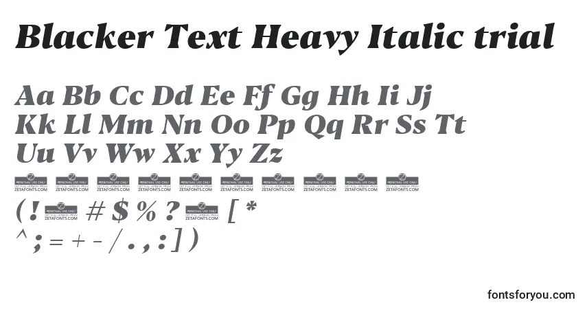 Czcionka Blacker Text Heavy Italic trial – alfabet, cyfry, specjalne znaki
