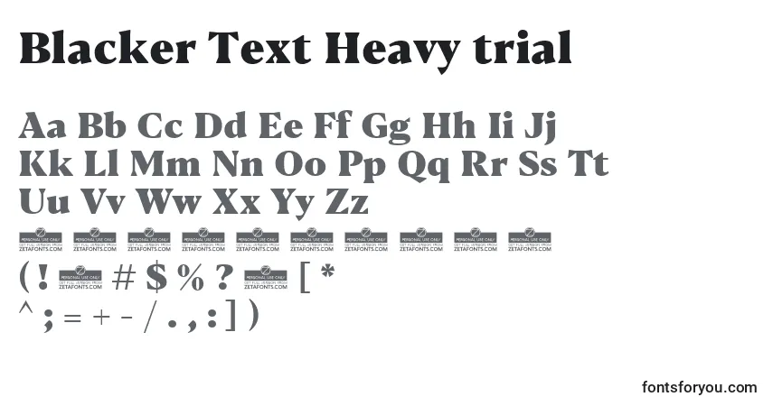 A fonte Blacker Text Heavy trial – alfabeto, números, caracteres especiais