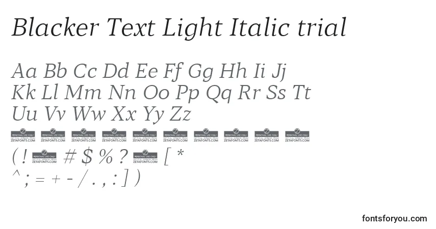 Czcionka Blacker Text Light Italic trial – alfabet, cyfry, specjalne znaki