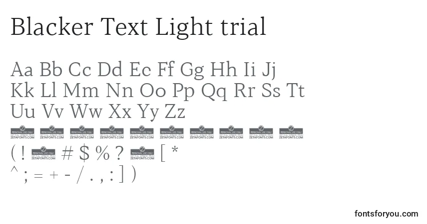 A fonte Blacker Text Light trial – alfabeto, números, caracteres especiais