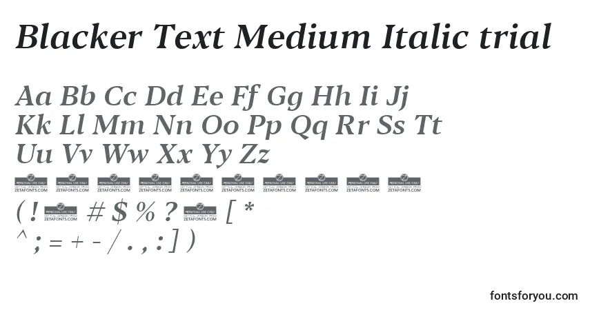 Шрифт Blacker Text Medium Italic trial – алфавит, цифры, специальные символы
