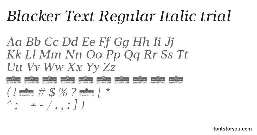 Czcionka Blacker Text Regular Italic trial – alfabet, cyfry, specjalne znaki