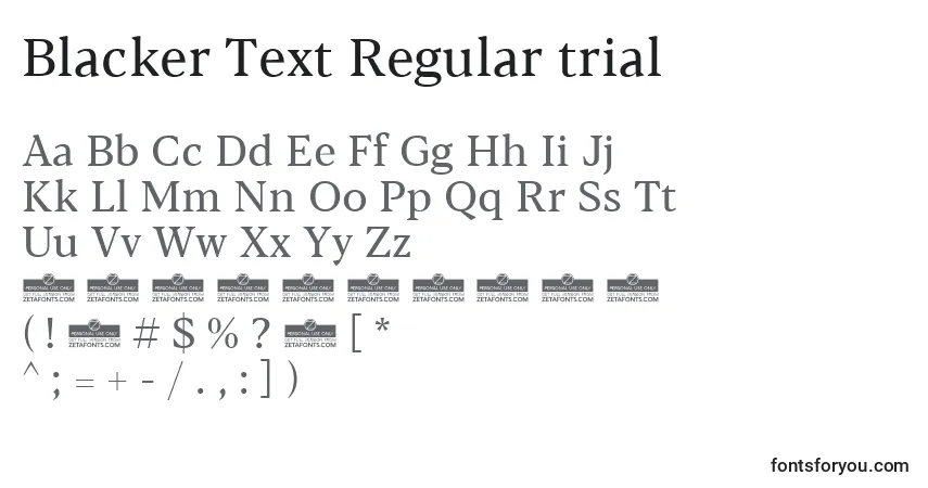 A fonte Blacker Text Regular trial – alfabeto, números, caracteres especiais