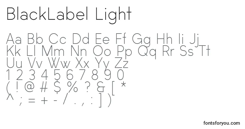 A fonte BlackLabel Light – alfabeto, números, caracteres especiais