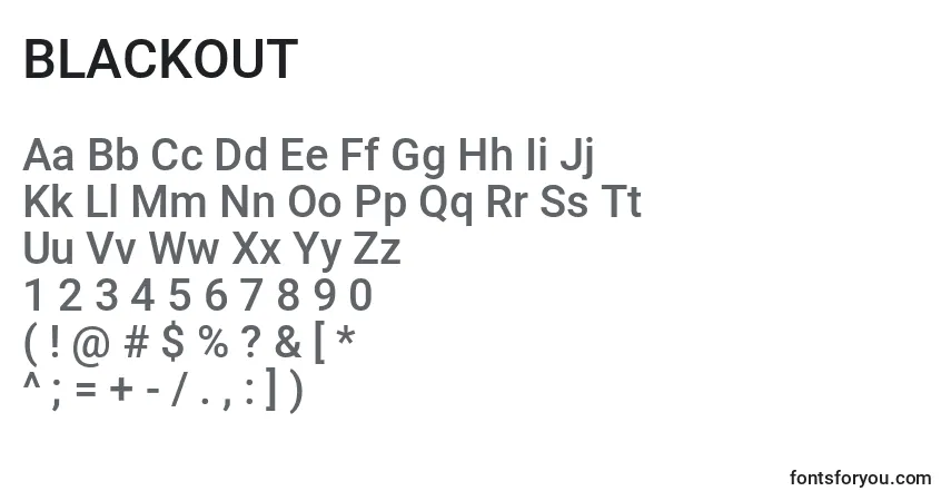 A fonte BLACKOUT (121520) – alfabeto, números, caracteres especiais
