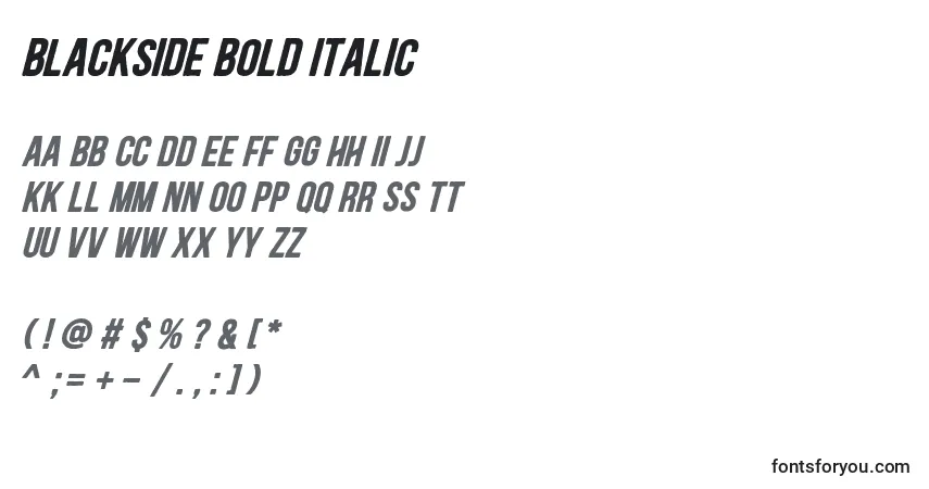Шрифт Blackside Bold Italic – алфавит, цифры, специальные символы