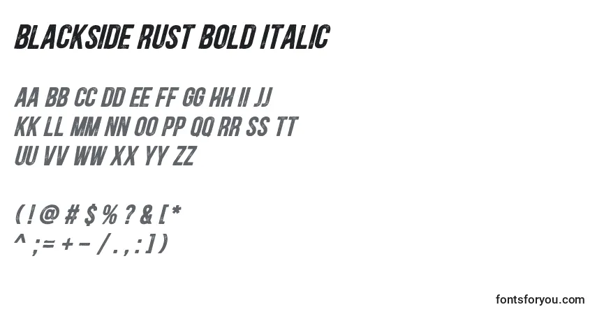 Шрифт Blackside Rust Bold Italic – алфавит, цифры, специальные символы