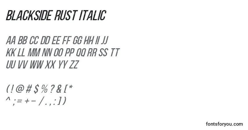 A fonte Blackside Rust Italic – alfabeto, números, caracteres especiais