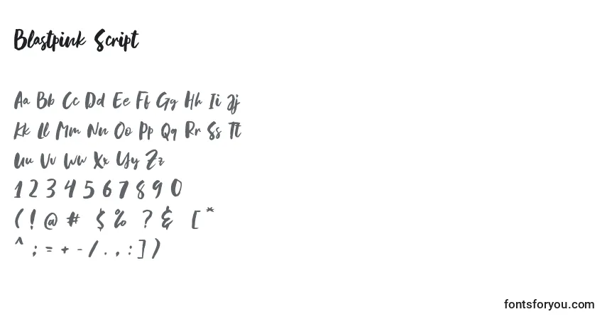 Czcionka Blastpink Script – alfabet, cyfry, specjalne znaki