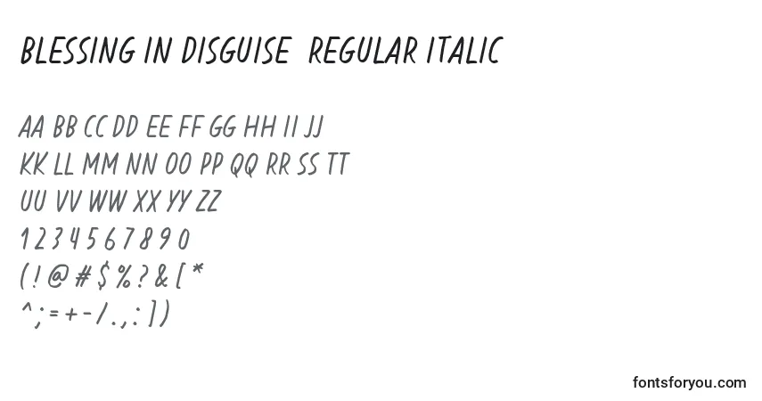 A fonte Blessing in Disguise  Regular Italic – alfabeto, números, caracteres especiais