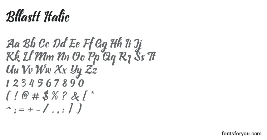 A fonte Bllastt Italic – alfabeto, números, caracteres especiais