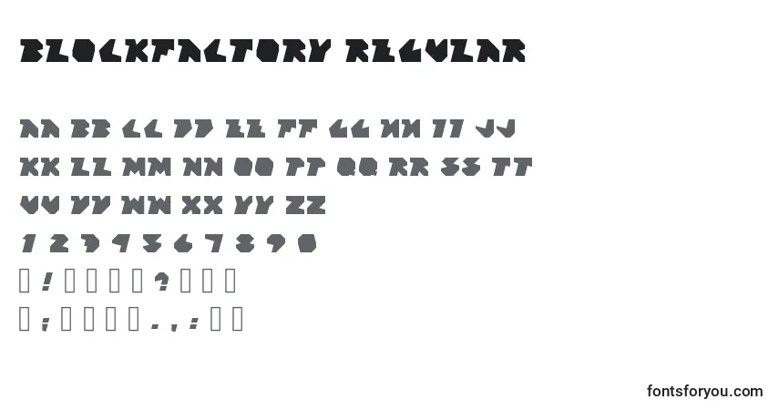 Czcionka BlockFactory Regular (121624) – alfabet, cyfry, specjalne znaki