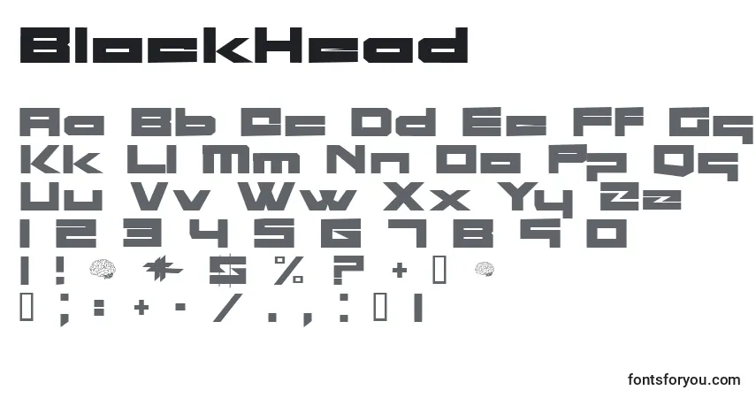 Schriftart BlockHead (121625) – Alphabet, Zahlen, spezielle Symbole