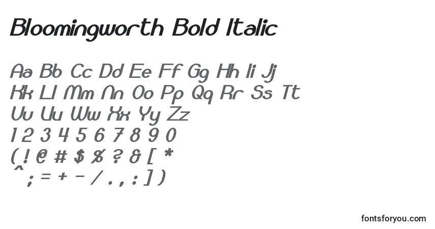 A fonte Bloomingworth Bold Italic – alfabeto, números, caracteres especiais