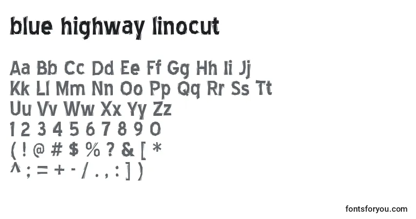 A fonte Blue highway linocut – alfabeto, números, caracteres especiais