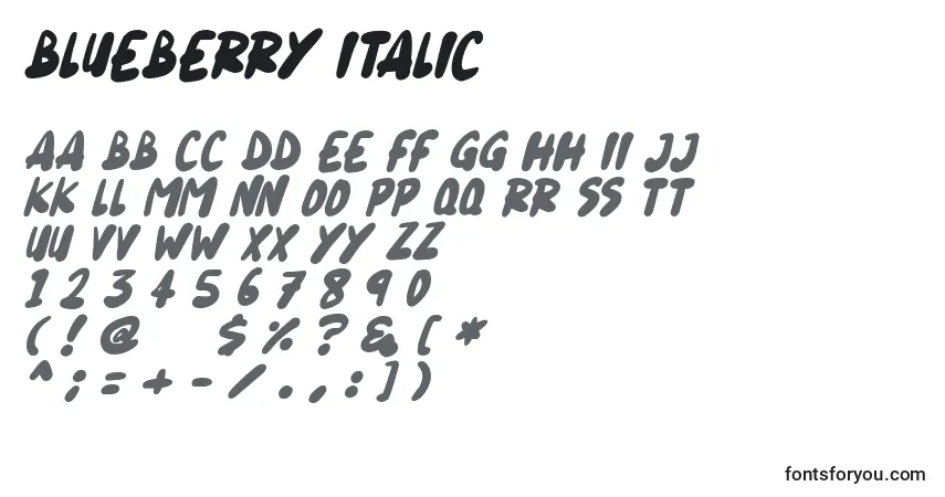 Schriftart Blueberry Italic – Alphabet, Zahlen, spezielle Symbole