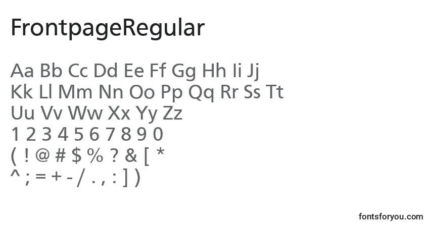 Czcionka FrontpageRegular – alfabet, cyfry, specjalne znaki