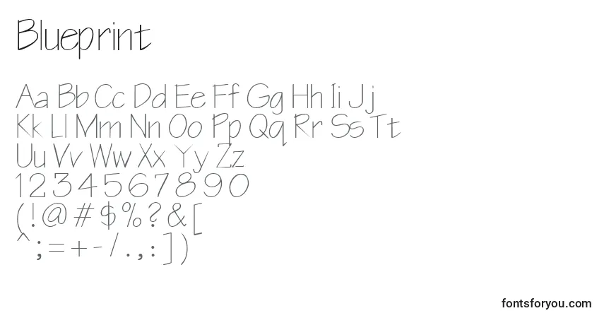 Schriftart Blueprint (121700) – Alphabet, Zahlen, spezielle Symbole