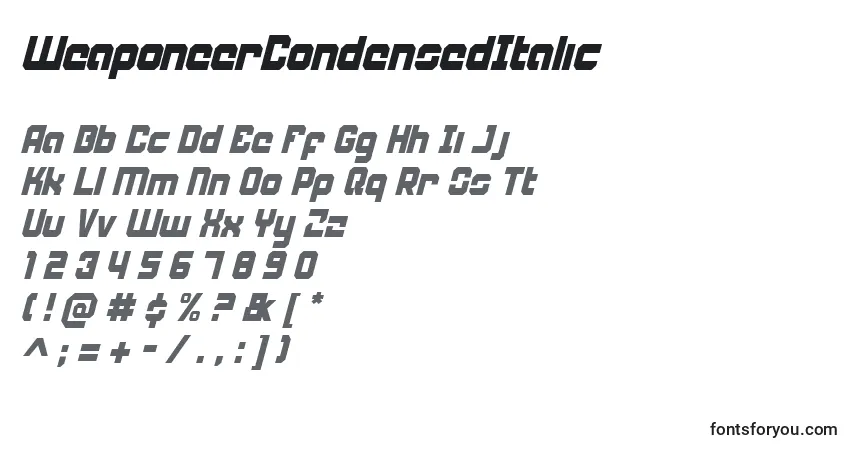 A fonte WeaponeerCondensedItalic – alfabeto, números, caracteres especiais
