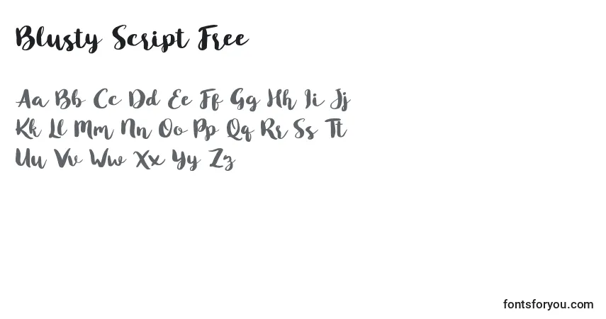 A fonte Blusty Script Free – alfabeto, números, caracteres especiais