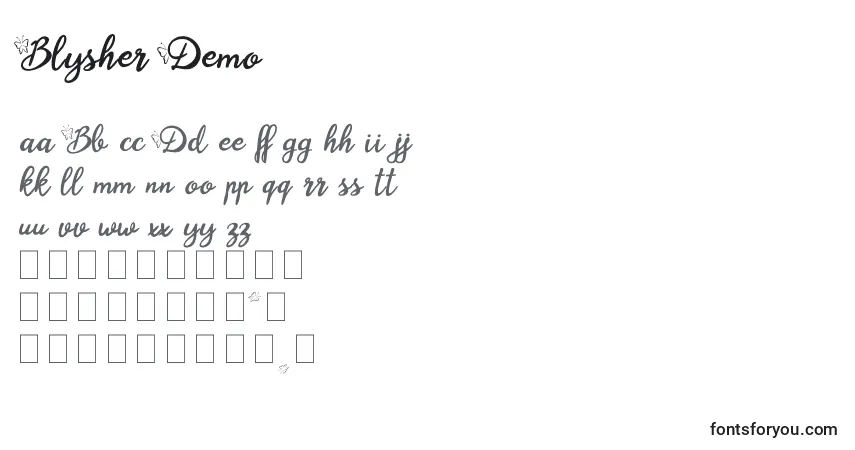 Czcionka Blysher Demo – alfabet, cyfry, specjalne znaki