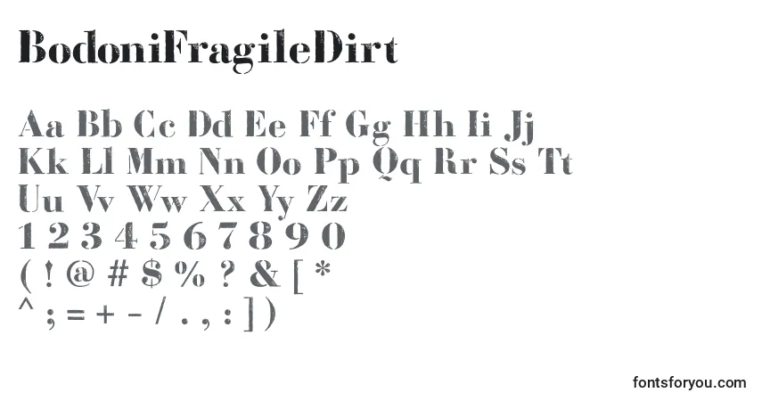 A fonte BodoniFragileDirt – alfabeto, números, caracteres especiais
