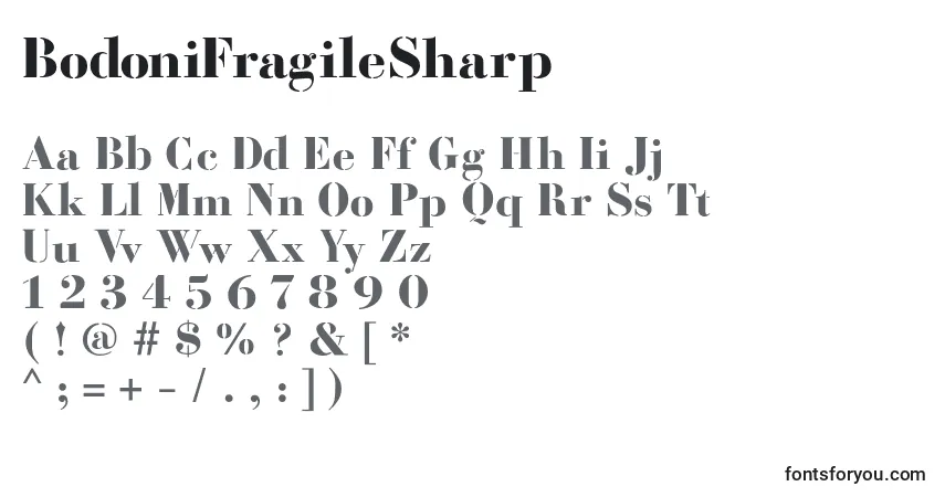 A fonte BodoniFragileSharp – alfabeto, números, caracteres especiais