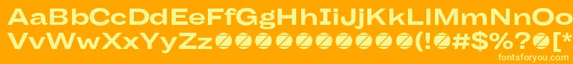 Weitere Informationen zur Body Grotesque Large Bold trial-Schriftart Body Grotesque Large Bold trial-Schriftart – Gelbe Schriften auf orangefarbenem Hintergrund