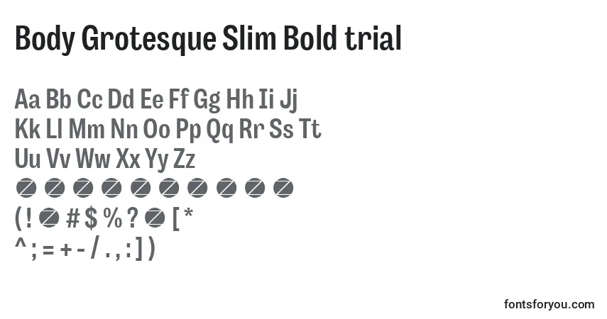 Czcionka Body Grotesque Slim Bold trial – alfabet, cyfry, specjalne znaki