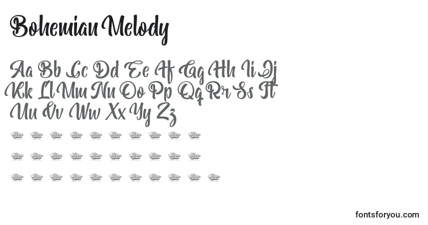 Bohemian Melody-fontti – aakkoset, numerot, erikoismerkit