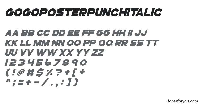 A fonte Gogoposterpunchitalic – alfabeto, números, caracteres especiais